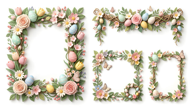 Luxury Easter border collection featuring floral garlands, botanical frames, decorated eggs, butterflies and elegant spring decorations, premium soft 3D clay illustration, multiple empty spaces 