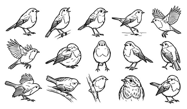 Detailed Robin and Nightingale Songbird Vector Illustration Set Featuring Various Poses and Angles Including Flying, Perching, Singing, Preening, and Looking Forward for Nature Media