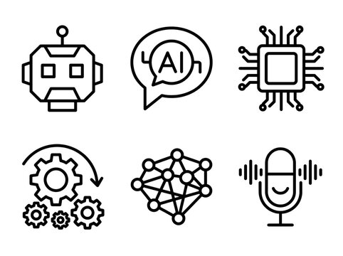 AI technology icon set. Modern digital symbols for machine learning and robotics.
