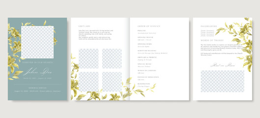 Elegant floral funeral program template, gold floral memorial service vector © momosama
