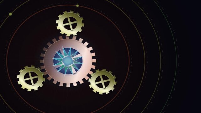 Abstract magical chronograph animation with rotating gears and glowing neon light rays emitting from a central hub over concentric circles