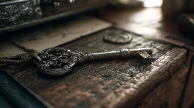 Vintage ornate key resting on wooden surface beside old paper and antique items, symbolizing mystery, history, and forgotten stories.
