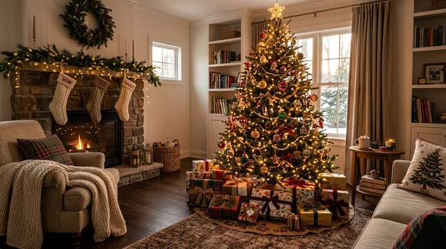 Cozy holiday living room with decorated christmas tree with adorned beautifully decorated stockings crackling fireplace wrapped gifts stockings