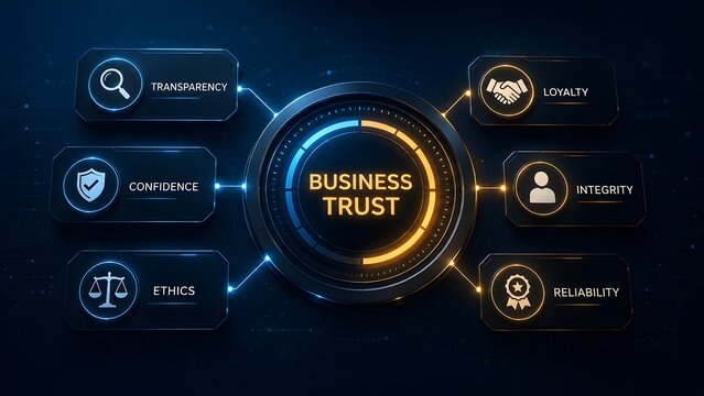 Futuristic neon glowing business trust concept with digital icons for transparency loyalty integrity and ethics.