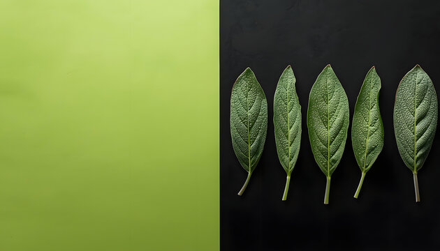 lime green with black background with five fresh organic sage leaves and clean copy space for wellness branding, five fresh herbal sage leaves on lime green and black split background with copy space 