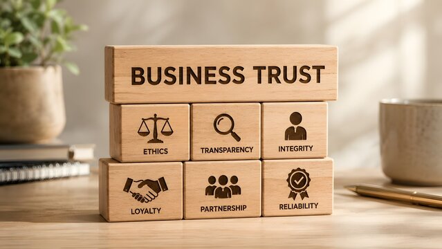 Wooden blocks stacked to show business trust foundation with ethics transparency integrity loyalty and partnership.