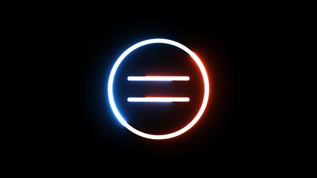 Neon equal sign in circle glowing with blue and orange light motion on dark background clip.
