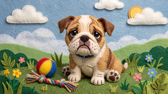 Handcrafted felt illustration of a sad brown and white bulldog sitting in a stitched meadow with a colorful ball and rope toy under a cloudy sky.