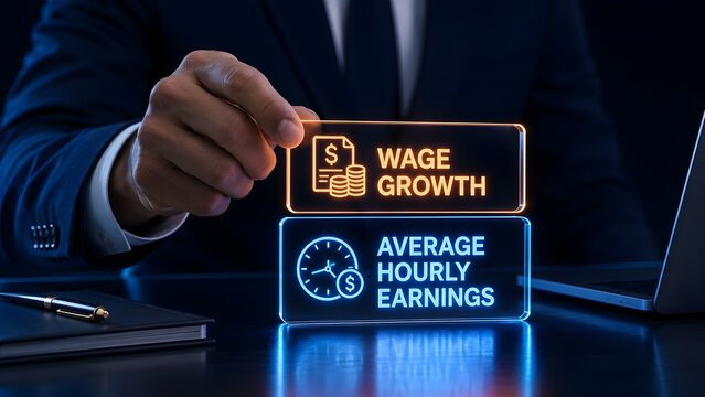 Businessman analyzing wage growth and average hourly earnings concepts on glowing digital signs in a dark office.