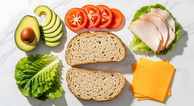 Fresh Sandwich Ingredients Laid Out: Turkey, Cheese, Avocado, Tomato, Lettuce, Bread