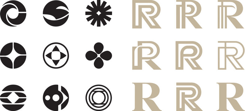 Abstract geometric logo icons set and stylized letter R monograms vector for modern corporate branding identity design
