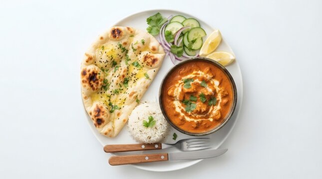 Top Down Fresh Butter Naan Creamy Curry Sauce Cucumber Red Onion Lemon Rice


