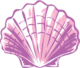 Obraz premium Stylized pink scallop seashell with fan ridges, purple line art, soft highlights, and clean vector style, isolated on white for beach, ocean, and summer themes