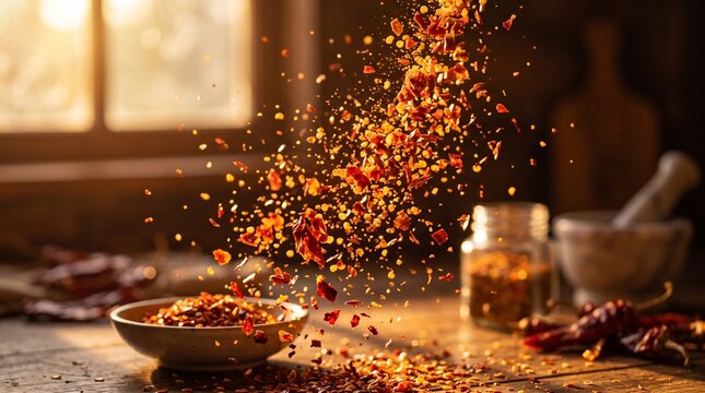 Crushed red pepper flakes suspended in air, creating a dynamic culinary scene