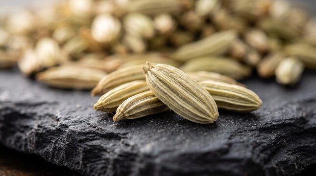Macro photography of dried fennel seeds on a dark slate surface