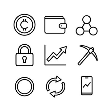 Cryptocurrency icon set. Digital finance symbols for blockchain and web design.