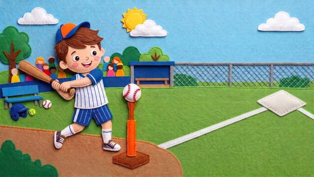 Handcrafted felt illustration of a smiling boy swinging a bat at a baseball on a tee, set on a stitched green field with a dugout, spectators, and blue sky.