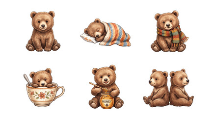 Fototapeta premium Cute vintage bear cub watercolor clipart set eating honey, sleeping with blanket, wearing scarf, and in teacup