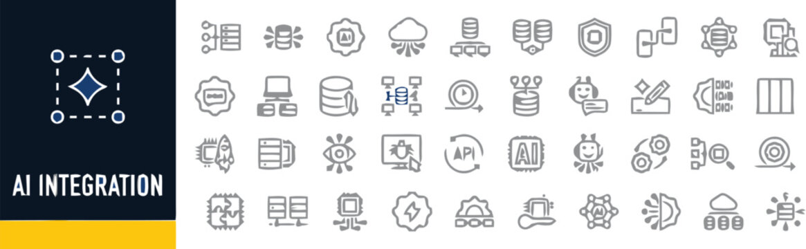 Artificial intelligence integration and digital technology line icons set. Smart machine learning, neural network, and automated brain algorithm linear symbols.