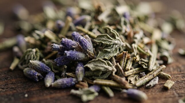Dried Herbs de Provence blend with lavender and rosemary on rustic wood