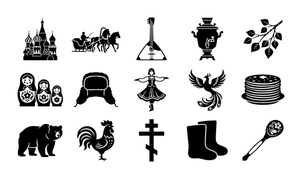 Russian cultural icons set, 15 black silhouette vector symbols of Russia, traditional folk heritage elements for travel and souvenir design