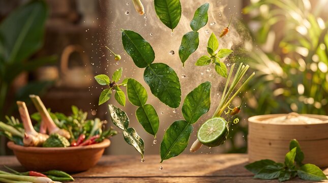Fresh Kaffir lime leaves and Thai herbs floating with water droplets in sunlight