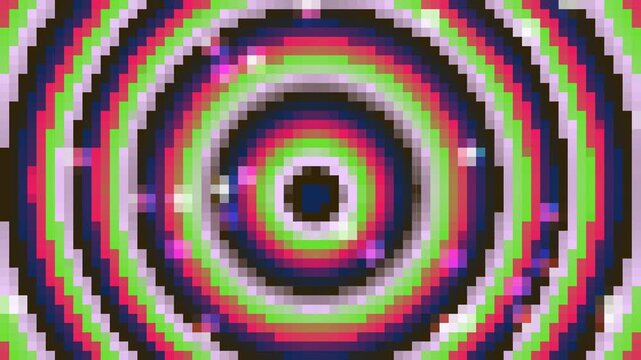 Pixelated concentric circles in vibrant neon colors create a hypnotic abstract pattern suitable for digital backgrounds and futuristic designs.