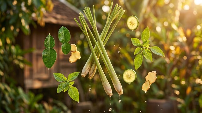 Fresh lemongrass and citrus droplets with ginger and basil leaves
