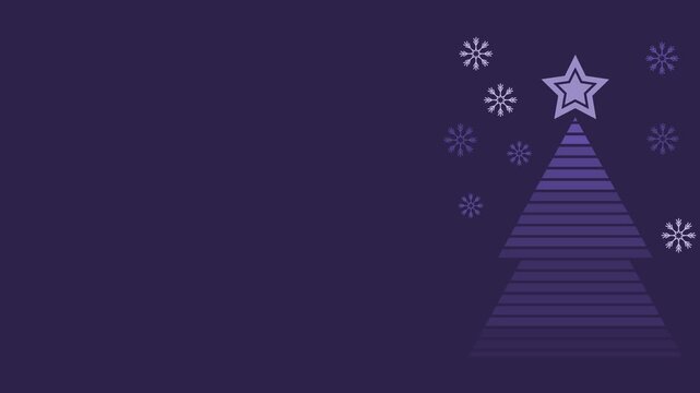 Seamless looping background animation of Christmas tree silhouette and pulsing snowflakes with wide navy blue text copy space area. Flat style template for holiday frame and banner design concepts