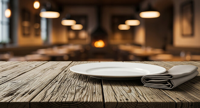 Empty Plate and Napkin on Rustic Wooden Table in Cozy Restaurant with Fireplace