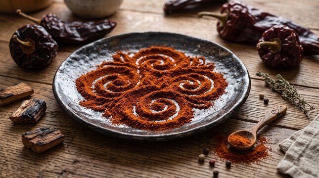 Smoked paprika powder artfully arranged on a rustic ceramic plate