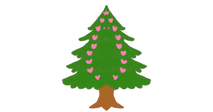 green christmas tree with love ornament, green christmas tree silhouettes and a heart shape on a plain white background, for holidays