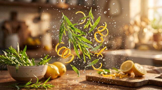 Fresh tarragon leaves and lemon zest mid-air with water splashes