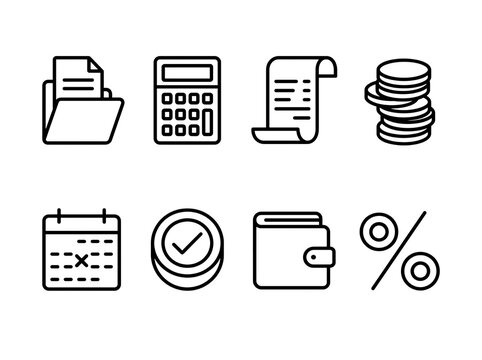Tax and accounting icon set. Financial symbols for business reports and budget planning.