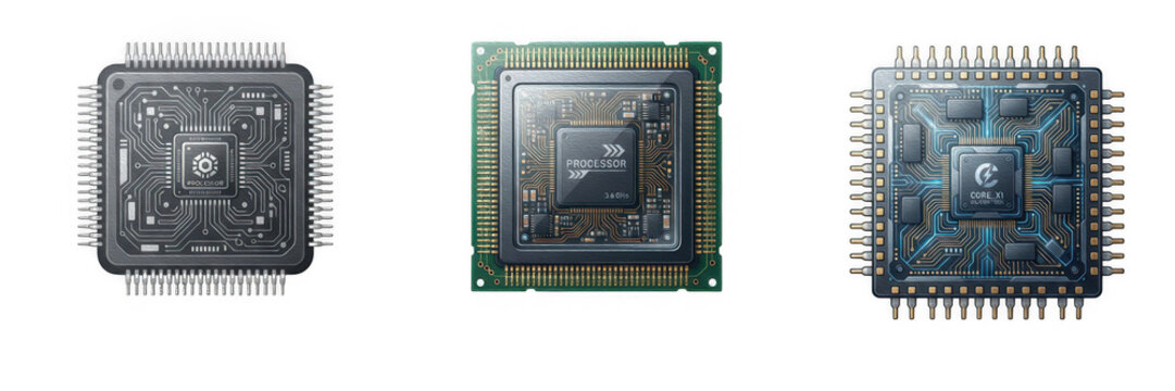 Set of computer processors, isolated illustrations of CPU microchips with pins and circuitry for hardware, computer technology, electronics, semiconductor manufacturing, and tech engineering concepts.