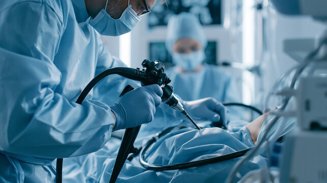 Surgical team in sterile operating room during endoscopic procedure with doctor, monitoring, and patient care