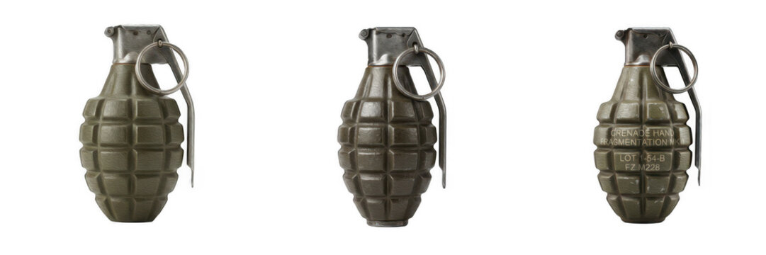 Set of military hand grenades, isolated illustrations of green fragmentation explosive weapons with safety pins and levers for war, combat, tactical defense, military history, and weapon concepts.
