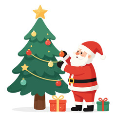 Naklejka premium Santa claus decorating christmas tree with wrapped gift boxes on the floor white background christmas decorating presents celebration character illustration ornaments tradition colorful