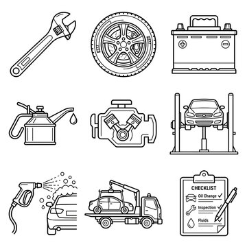Car service icons set. Automotive repair shop line art symbols for maintenance and garage.