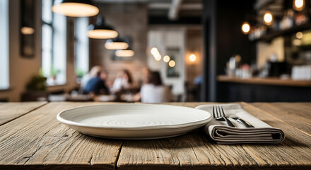 Obraz premium Empty Plate and Cutlery on Wooden Table in Restaurant - Ready for Dining