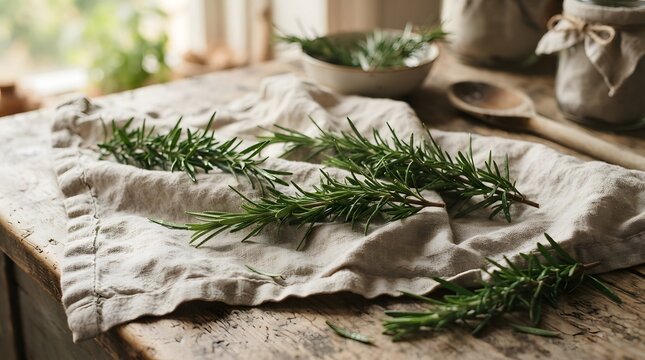 Fresh Rosemary Sprigs on Linen