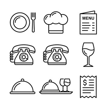 Restaurant dining icon set. Monoline food service symbols for menu and catering design.