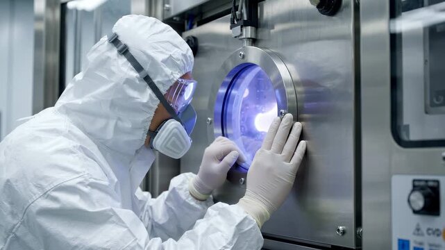 Cleanroom technician watches a faint violet plasma glow through the viewport of a chemical vapor deposition reactor CVD chamber