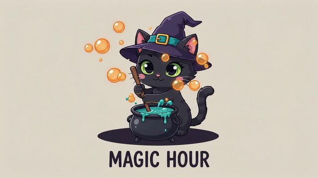 Animated black cat witch stirring magic potion in cauldron