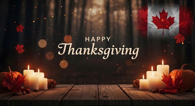 Happy thanksgiving greeting card featuring a canadian flag maple leaf with glowing candles on a rustic wooden table