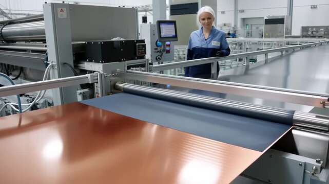 Slot-die coating machine deposits a uniform grey anode slurry layer onto copper foil as it feeds through the precision coating head. Battery electrode coating concept