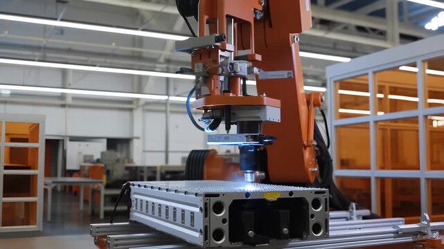 Robotic arm performs high-speed laser welding along an aluminum battery module housing, producing a clean fused seam. Robot laser welding battery concept