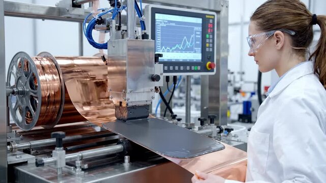 Copper foil passes through a precisely controlled slot die, receiving an even matte grey anode coating for battery electrode production