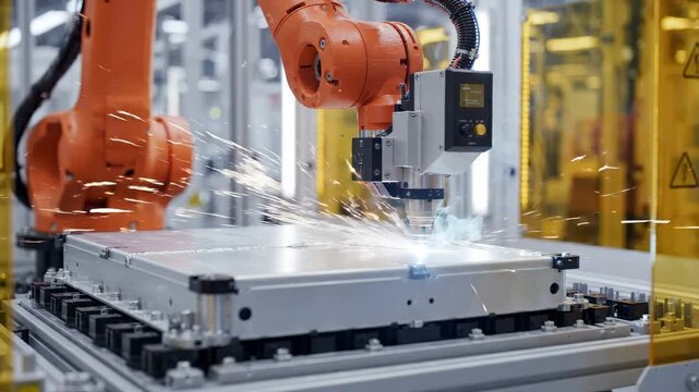 Articulated welding robot tracks a precise seam across a battery module housing, its laser flashing white-blue at the contact point. Battery housing laser weld concept