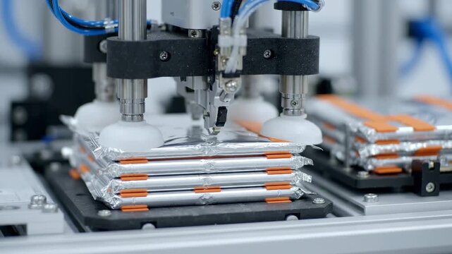 Robotic gripper places a prismatic battery cell precisely onto a growing stack, aligning it with sub-millimeter accuracy